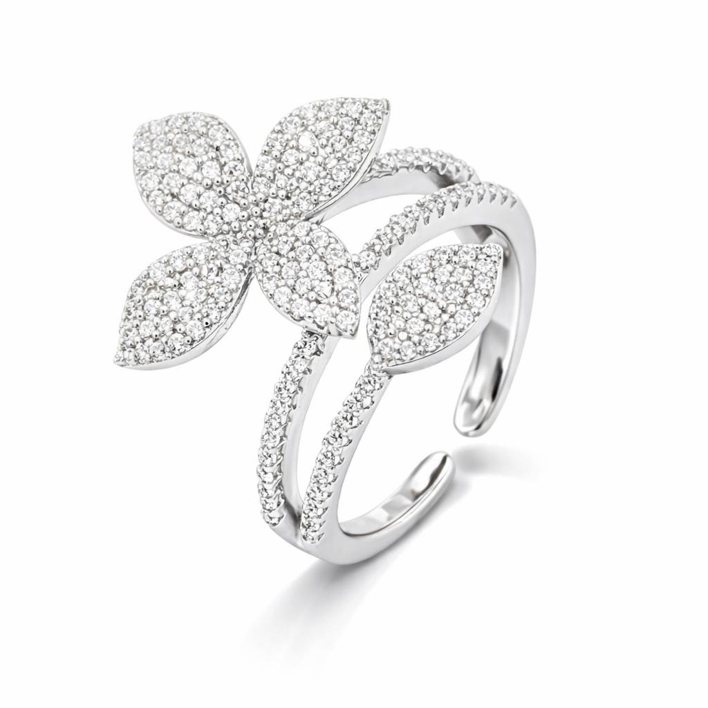 inel trei randuri floarte cu 4 petale si frunza argint 925 rodiat cu diamante cz albe
