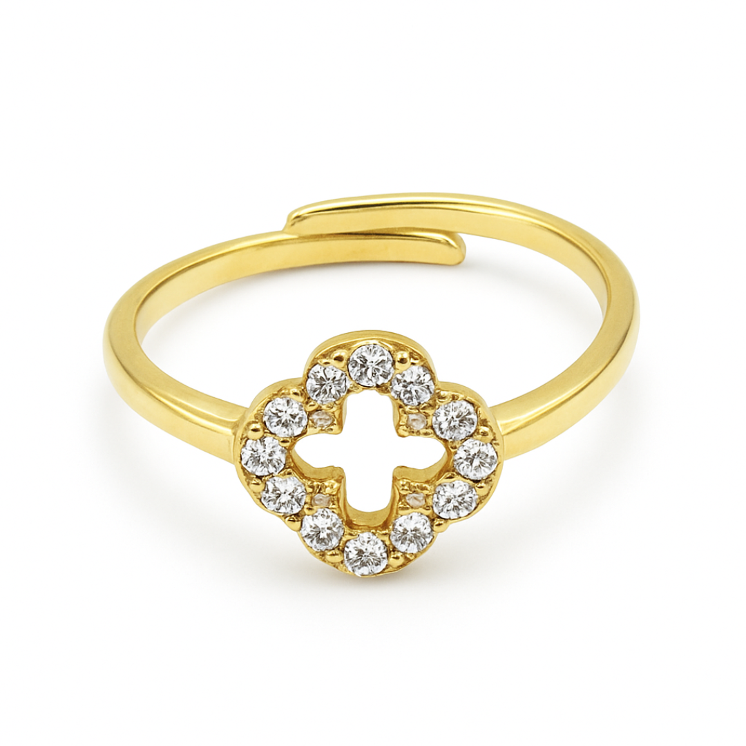 inel reglabil din argint 925 rodiat clover cu trifoi diamante cz albe