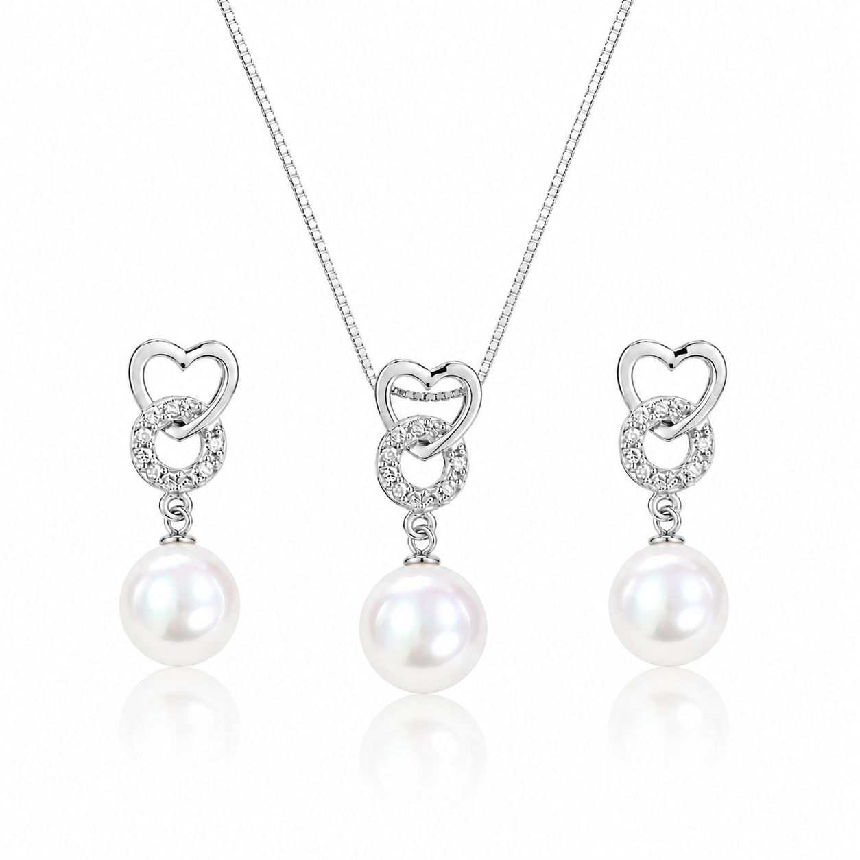 Set complet format din colier si cercei din argint 925 cu pandantiv inima, cerc cu diamante CZ si perla sidef alba