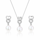Set complet format din colier si cercei din argint 925 cu pandantiv inima, cerc cu diamante CZ si perla sidef alba