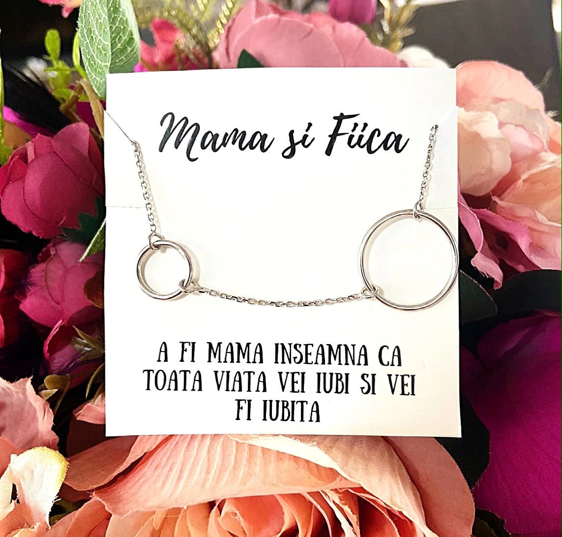 Bratara din argint 925 rodiat cu doua cercuri pe cartonas mama si fiica