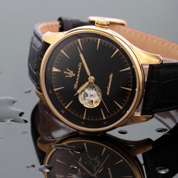 ceas barbatesc automat maserati curea piele neagra cu auriu